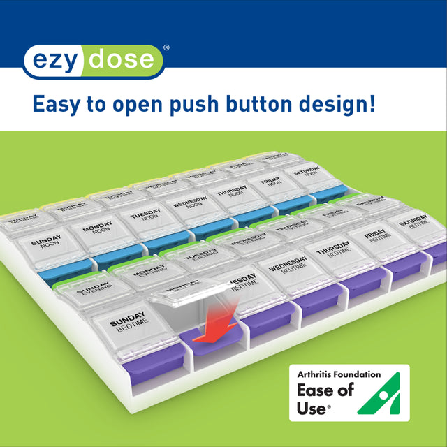 Ezy Dose Weekly (4X/Day) Push Button Pill Organizer, Daily AM/PM Medication Storage (3XL)