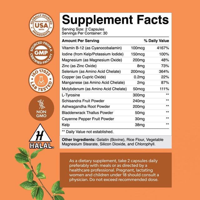 Herbal Thyroid Support Complex- Energizing Natural Thyroid Supplement with Iodine, B12, Selenium, Ashwagandha & More - Nature'S Craft 60Ct Iodine Supplement for Thyroid Health & Adrenal Support