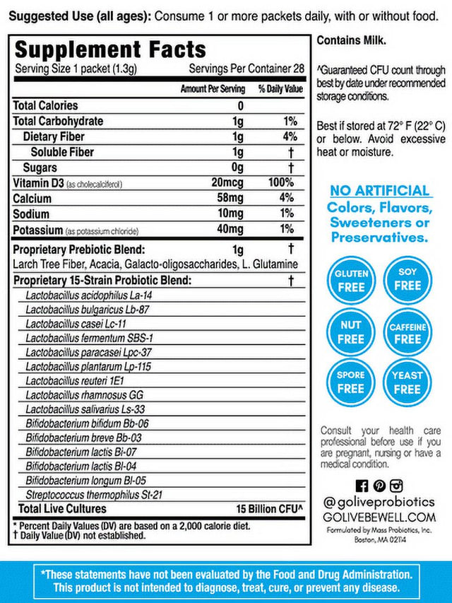 Golive Probiotic & Prebiotic Supplement, Flavorless Packet, 15+ Billion CFU, 10 Ct Box