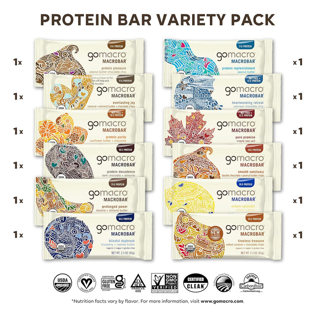 Gomacro Macrobar Organic Vegan Protein Bars - Protein Variety Pack (2.3-2.4 Ounce Bars, 12 Count)