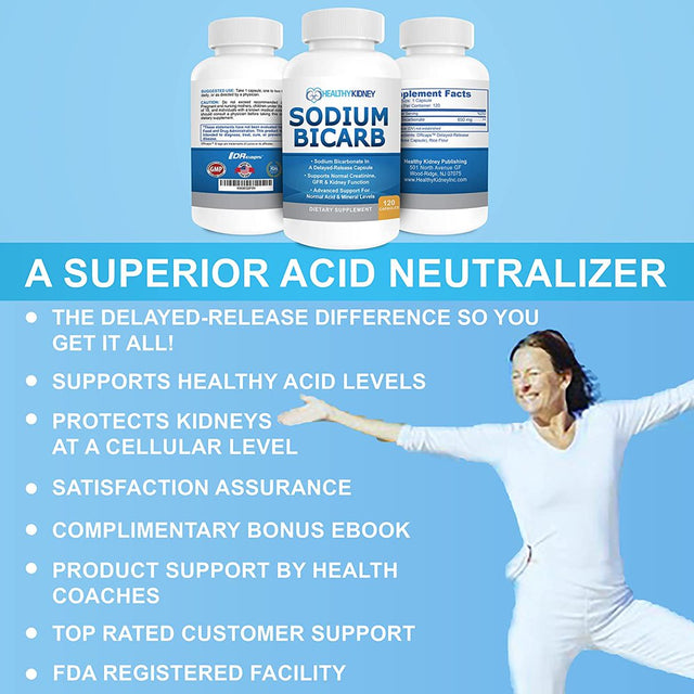 Healthy Kidney Sodium Bicarb 650Mg Capsules, Sodium Bicarbonate to Support Normal Kidney Function, Kidney Health Supplement for Kidney Support, Acid Relief, Alkalinity, 120 Capsules