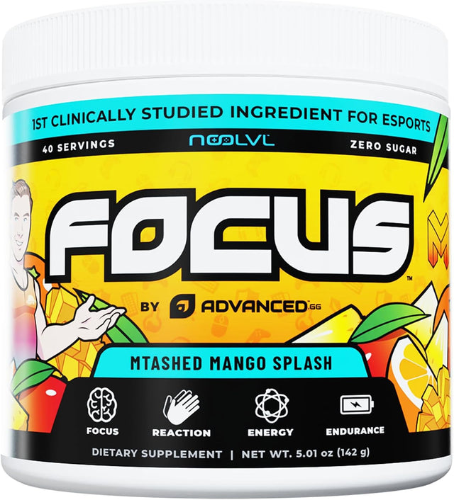 Advanced Focus Mtashed Mango Splash - Focus and Concentration Formula with Noolvl - Mental Clarity & Energy Boost for Gaming, Work & Study - Sugar Free & Keto Friendly - (40 Servings)