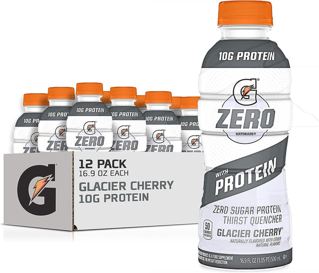 Gatorade Zero with Protein, 10G Whey Protein Isolate, Zero Sugar, Liquid Electrolytes, Glacier Cherry, 16.9 Fl Oz Bottle, 12 Pack