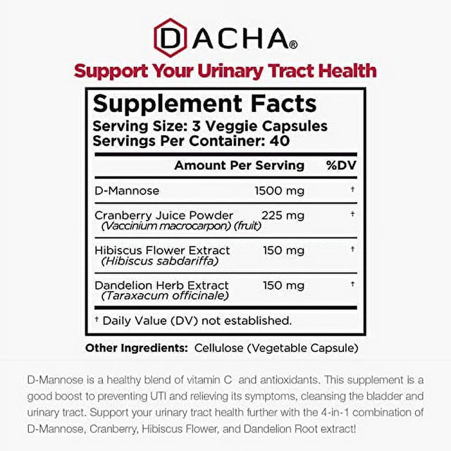Natural D-Mannose Capsules 4-In-1 Formula - 120 CAPS, 1500 MG Cranberry, Dandelion, Hibiscus Flower Extract, Fast-Acting Pills for Bladder Health, Urinary Tract Infection UTI Support Flush I