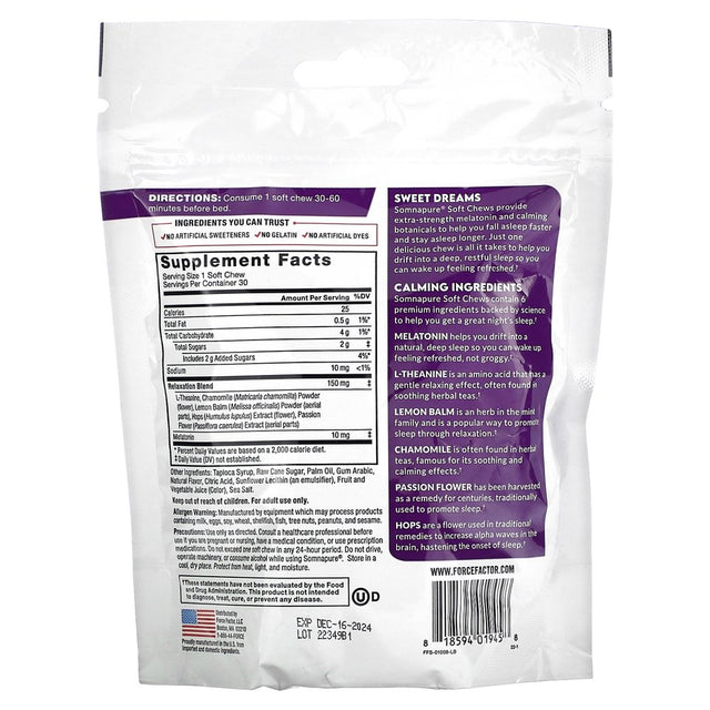 Force Factor Somnapure, Melatonin + Calming Botanicals, Dream Berry, 30 Soft Chews