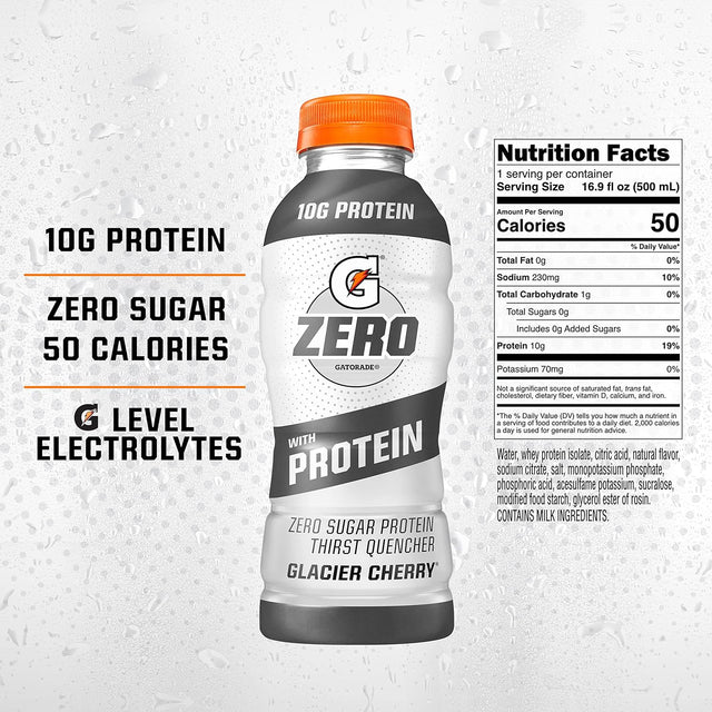 Gatorade Zero with Protein, 10G Whey Protein Isolate, Zero Sugar, Liquid Electrolytes, Glacier Cherry, 16.9 Fl Oz Bottle, 12 Pack