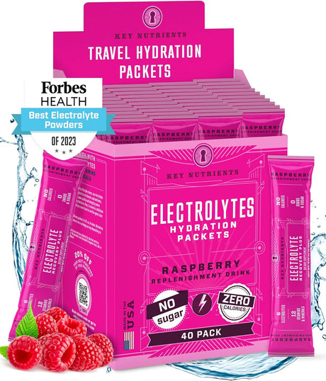 KEY NUTRIENTS Electrolytes Powder Packets - Juicy Raspberry 40 Pack Hydration Packets - Travel Hydration Powder - No Sugar, No Calories, Gluten Free - Made in USA