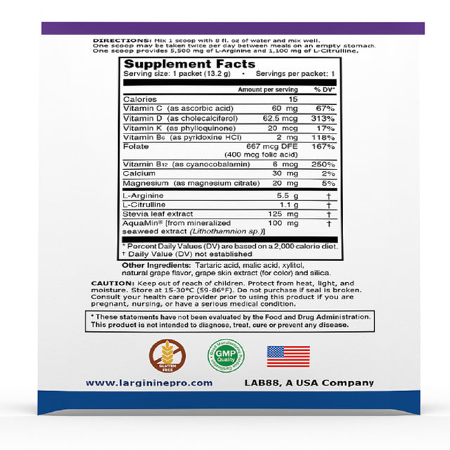 L-ARGININE PRO Powder Packets - 5500Mg L-Arginine, 1100Mg L-Citrulline Cardio Health (Raspberry, 1 Bag)