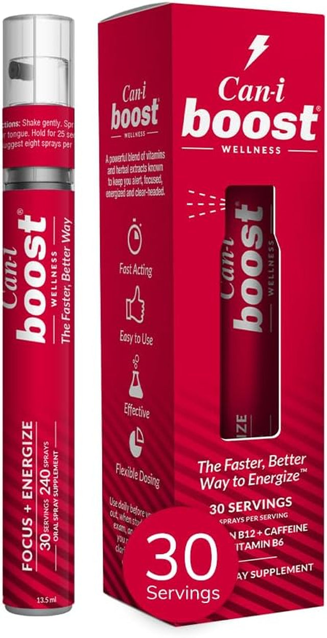 Focus + Energy Fast Absorption Oral Spray | Sublingual | Vitamin B12 Supplement + B6 + Caffeine | Metabolism & Energy Booster | Adult | 240 Sprays (30 Servings) | Can-I Boost by Can I Wellness