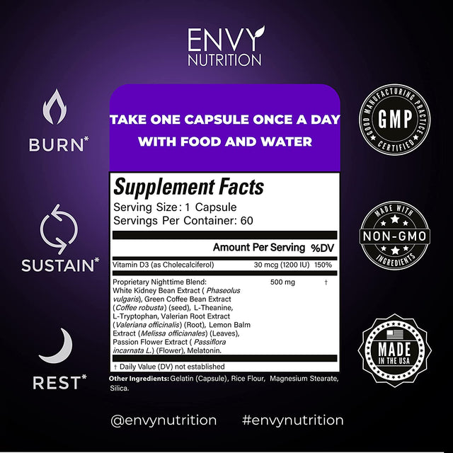 Night Time Fat Burner - Carb Blocker, Metabolism Booster, Appetite Suppressant and Weight Loss Diet Pills for Men and Women with Green Coffee Bean Extract and White Kidney Bean - 60 Capsules