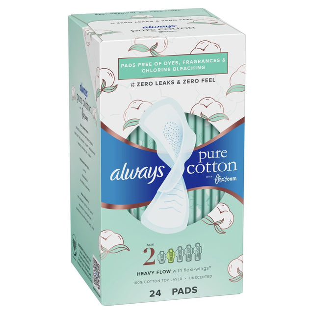 Always Pure Cotton Feminine Pads with Wings, Size 2, Heavy Absorbency, 24 Count