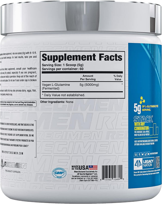 AP Sports Regimen Glutamine 300 100% Pure Vegan Fermented L-Glutamine | Recover Faster, Strengthen Immune System | 300 Grams – 60 Servings