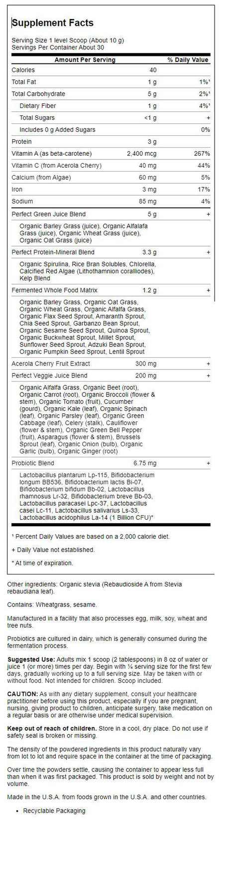 Garden of Life Perfect Food Original Powder, 10.5 Oz