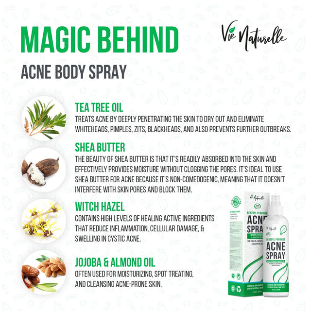 Face, Body Acne Spray with Benzoyl Peroxide - Salicylic Acid - Butt, Back Acne Treatment - Cystic Hormonal Acne Treatment, Body, Chest Spray with Tea Tree Oil - for Men, Women, Teens - Acne Body Spray