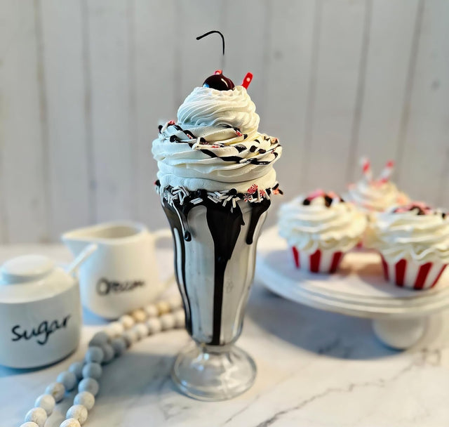 Fake Cupcakes & Cake – Artificial for Display – Faux Decorations for Home & Kitchen - Fake Food Desserts - Fake Milkshake Chocolate Peppermint Crazishake Tall Glass Parfait