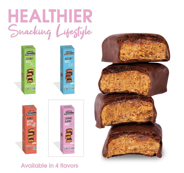 Freakin' Wholesome Chocolate Covered Caramel Almond Bites, High Protein Snacks 2.82 Ounces per Box. (Pack of 3). Vegan Gluten Free