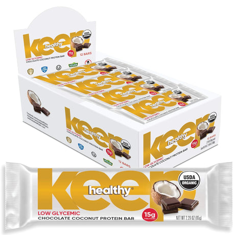Keep Healthy Low Glycemic Bar - Chocolate Coconut - 12G Plant Based Protein, Low Sugar, Organic, Vegan, Gluten Free, Soy Free, Dairy Free Protein Bar (12 Bars)
