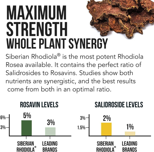 Siberian Rhodiola: Max Strength Rhodiola Rosea - 5% Rosavins, 2% Salidroside - Bioperine Absorption Enhancement, Grown in Siberia, DNA Verified - Reduce Stress, Enhance Energy & Cognition (60 Count)