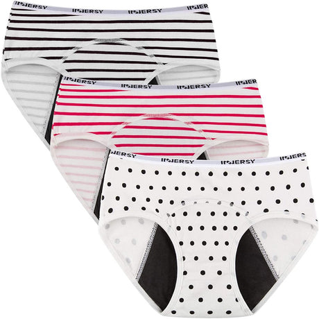 INNERSY Big Girls' Period Panties Menstrual Underwear for First Period Starter 3-Pack (S(8-10 Yrs), Dot&Stripe)