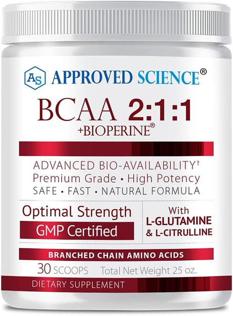 Approved Science® BCAA Powder - 2:1:1 BCAA Ratio - 3500 Mg L-Leucine - Fruit Punch Flavor - 25 Ounce - 30 Servings - Workout Boost, Endurance, Prevent Burnout - Bioperine - Vegan Friendly - 1 Tub