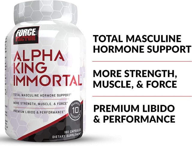 Force Factor Alpha King Immortal Total Hormone Support Testosterone Booster for Men with Fenugreek Seed to Reduce Estrogen, Build Muscle, Improve Strength, and Enhance Performance, 180 Capsules