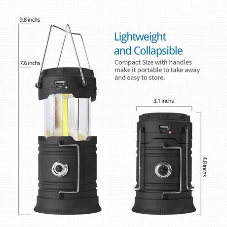HTB 2 Pack LED Camping Lantern, USB Rechargeable and Battery Powered 2-In-1 LED Lanterns, COB Super Bright, Collapsible, Outdoor Portable Lights for Emergency/Camping/Hurricane/Storms/Outages, Black