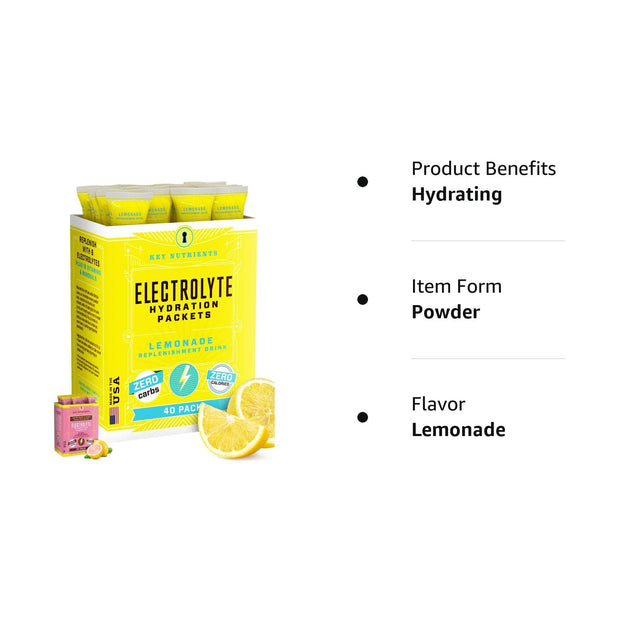 KEY NUTRIENTS Electrolytes Hydration Packets - Refreshing Lemonade 40 Pack - Travel Hydration Powder - No Sugar, No Calories, Gluten Free - Made in USA
