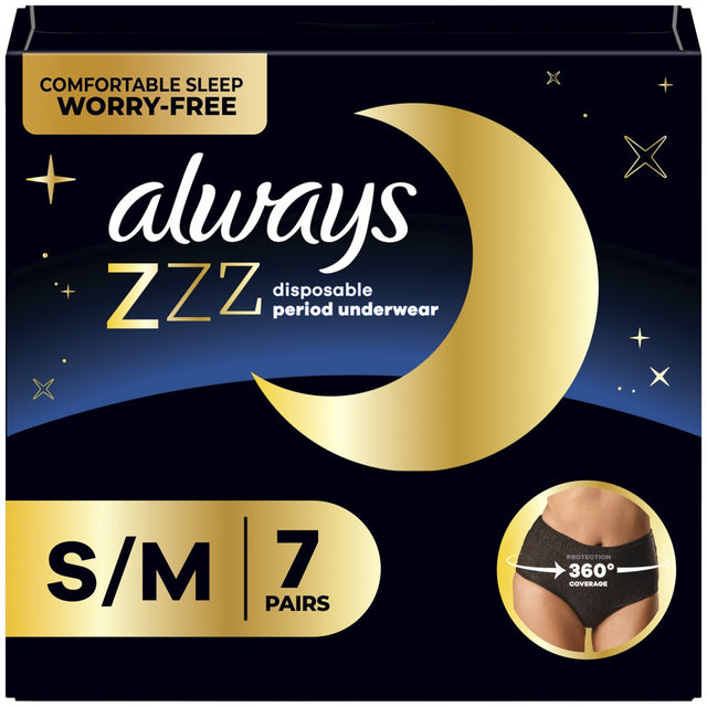 Always ZZZ Overnight Disposable Period Underwear for Women, Size S-M, 7 Ct