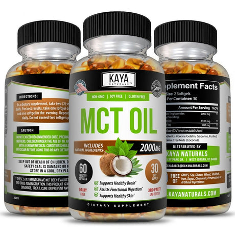 Kaya Naturals 3X 60Ct Pure MCT Oil 2000Mg, C8 C10 Weight Loss, Energy, Inflammation Capsules