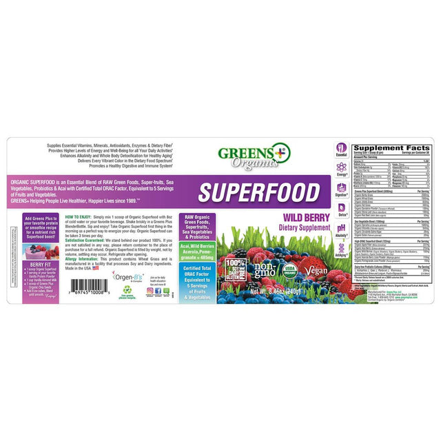 Greens plus Wild Berry Organic Greens Superfood, Greens Powder Dietary Supplement, 30 Servings