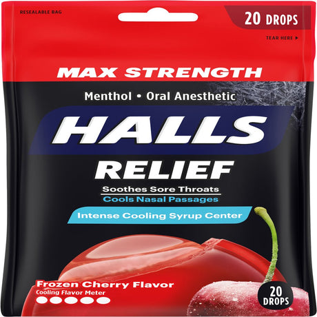 Halls Max Strength Relief Frozen Cherry Flavor Drops, 20 Count