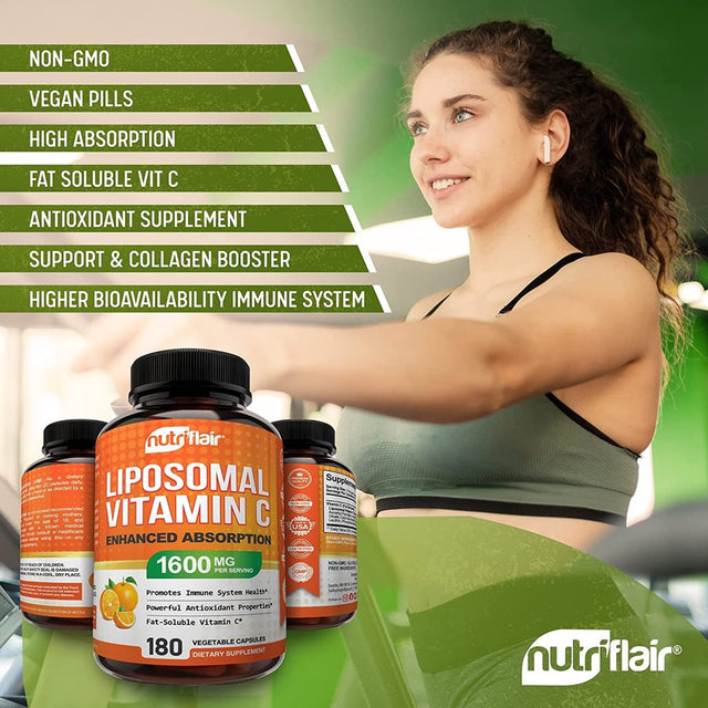 Nutriflair Liposomal Vitamin C 1600Mg, 180 Capsules - High Absorption, Fat Soluble VIT C, Antioxidant Supplement, Higher Bioavailability Immune System Support & Collagen Booster, Non-Gmo, Vegan Pills