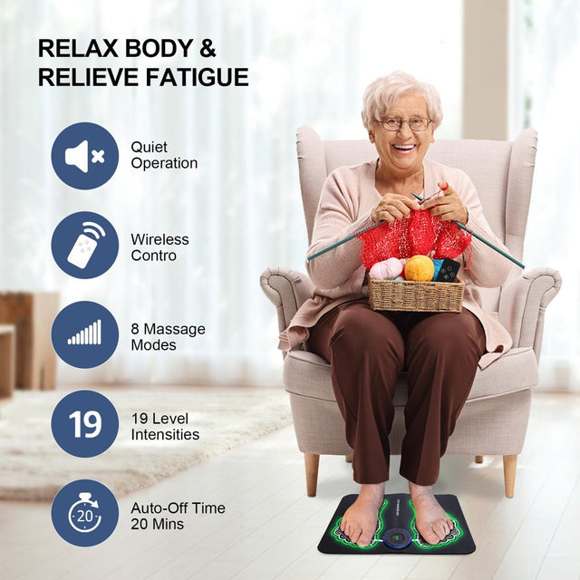 EMS Foot Massager Mat for Neuropathy-Foot Stimulator Massager with Remote Control, 2-In-1 Back Massager & Legs Foot Circulation Device for Pain Relief Fasciitis, Muscles Relaxation with 8 Pcs Pads