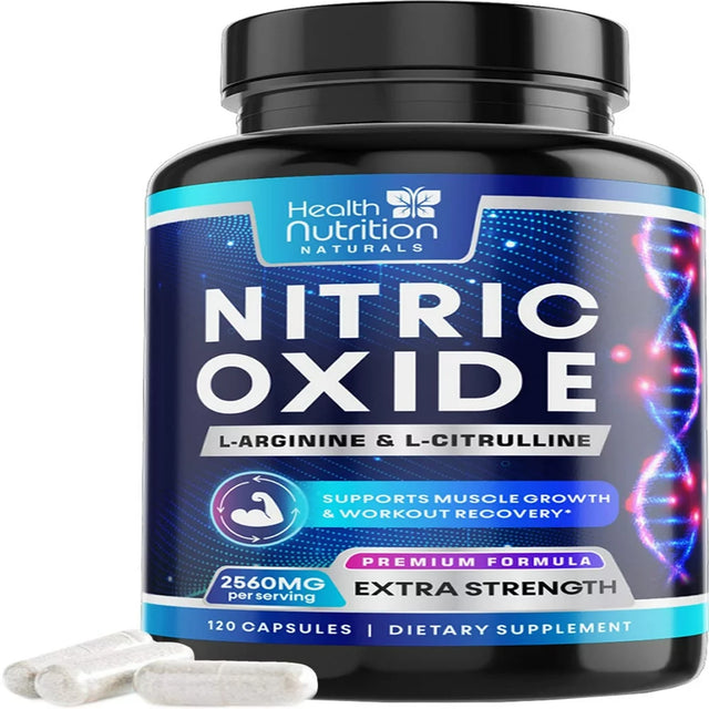 Health Nutrition Naturals Extra Strength Nitric Oxide Supplement L Arginine 3X - Citrulline Malate, AAKG, Beta Alanine Premium Muscle Building Booster for & Energy to Train Harder 120 Capsules Count