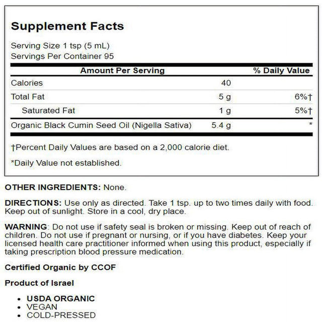 Heritage Store Black Seed Oil, 100% Pure Virgin, Organic, Cold Pressed 8 Fl Oz (16 Fl Oz)