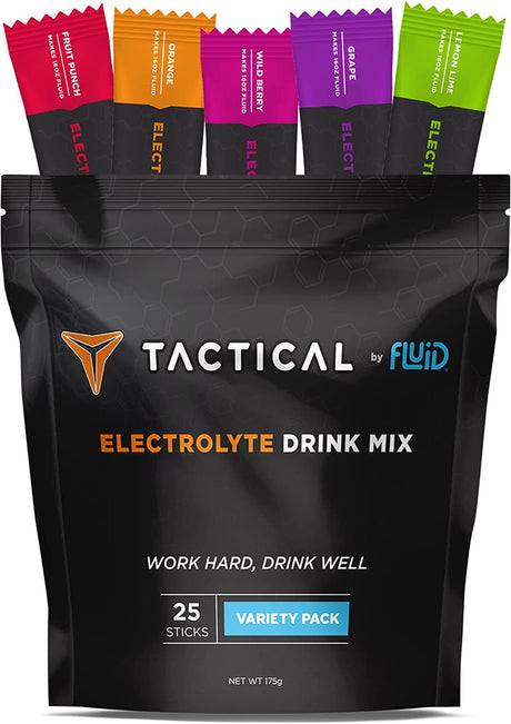 Fluid Tactical - Electrolyte Powder Packets, Accelerate Re-Hydration, Low Sugar, Electrolyte Drink Mix, Prevent Dehydration, Eliminate Cramps (Variety Pack)