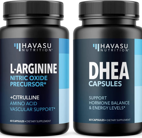L Arginine and DHEA Capsules with Potent Ingredients for Ultimate Male Health Support | Supports Overall Health and Vascular Support | 60 Vegan L-Arginine Capsules and 60 Vegan DHEA Capsules