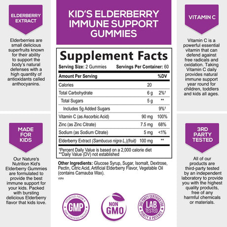 Elderberry Gummies for Kids with Vitamin C, Zinc & Sambucus Black Elderberry Extract - Daily Childrens Immune Support Vitamins Gummy Supplement, Non-Gmo, Vegan, Natural Berry Flavor - 120 Gummies