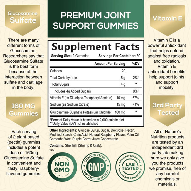 Joint Support Gummies Extra Strength Glucosamine Gummy with Vitamin E - Naturally Assists Cartilage & Flexibility - Best Support Chew for Men and Women - 120 Gummies