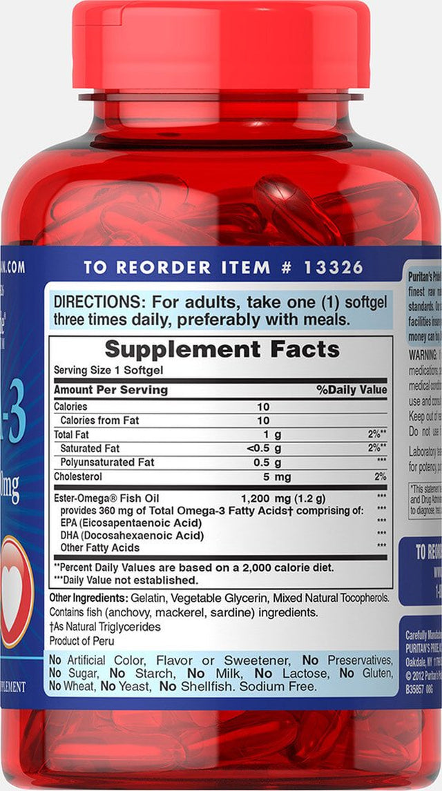Puritan'S Pride Omega-3 Fish Oil 1200 Mg (360 Mg Active Omega-3) - 100 Softgels