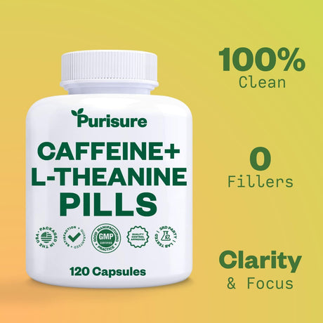 Caffeine Theanine Capsules, Caffeine Pills 100Mg Caffeine + 200Mg L Theanine for Pre Workout, Energy, and Clarity, Energy Pills for Fatigue, Nootropic Supplement, 120 Day Supply