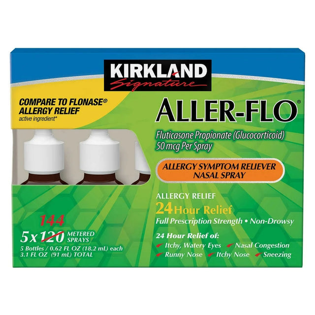 Kirkland Signature Aller-Flo Fluticasone Propionate (Glucorticoid) 5 Bottles X 120 Metered Sprays .54 Fl OZ per Bottle