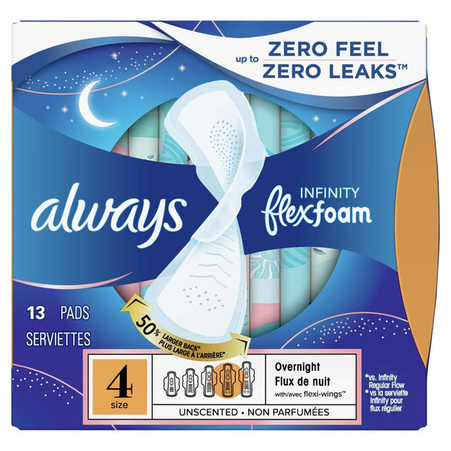Always Infinity Feminine Pads with Wings, Size 4, Overnight Absorbency, Unscented, 13 Count