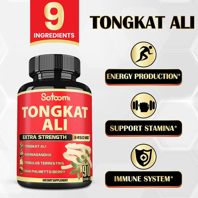 Satoomi Natural Tongkat Ali Root Extract 200:1 - 9 Essential Herbs Equivalent to 3450Mg - Support Strength, Energy and Healthy Immune - 1 Pack 90 Vegan Caps 3 Month Supply