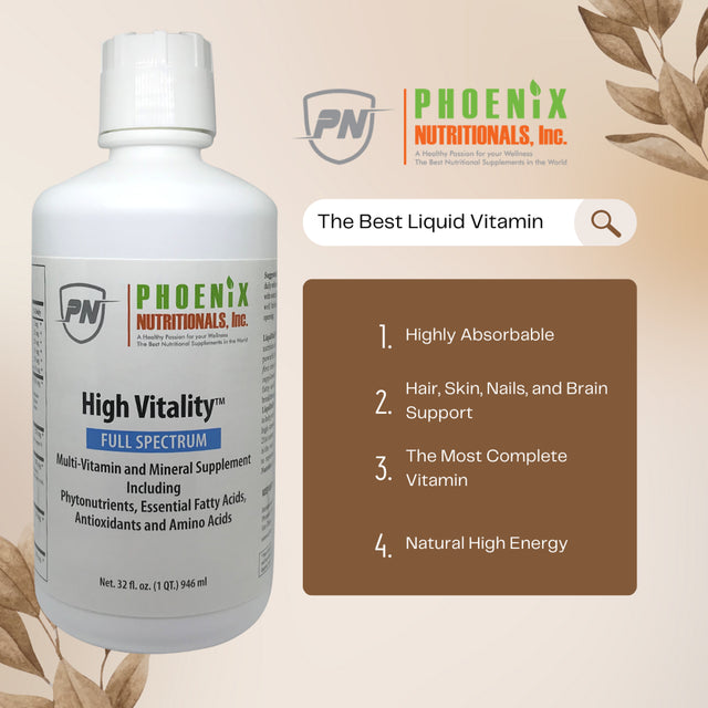 High Vitality Natural Full Spectrum Liquid Vitamin and Mineral Supplement, High Energy, Anti-Aging Formula, Mixed Fruit Flavor, Gluten Free, Sugar Free, & Highly Absorbable