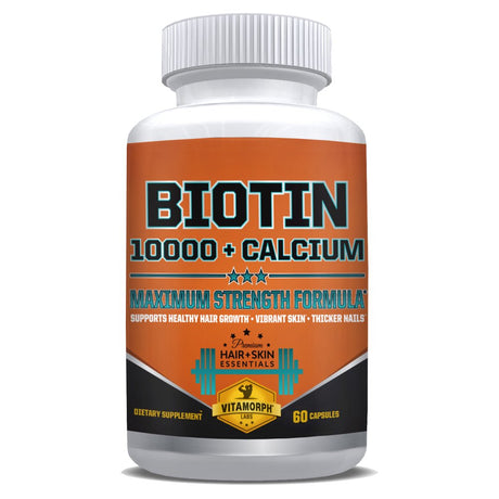 Biotin 10000 Mcg + Calcium - Maximum Strength Biotin Capsule Vitamin Supplement - Best Vitamin B7 Biotin for Men & Women with Calcium to Support Hair, Skin, Nails by Vitamorph Labs - 60 Veggie Caps