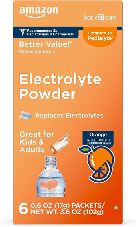 Amazon Basic Care Electrolyte Powder Packets, Orange, 6 Count (Pack of 1)