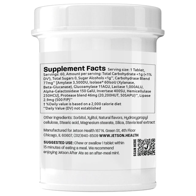 Full-Spectrum Digestive Enzyme Gas & Bloating Prevention Chewable Supplement, Jetson, 60Ct