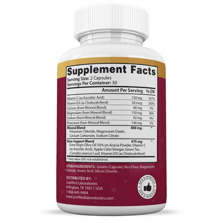 Justified Laboratories Great Results Keto ACV Pills 1275Mg Dietary Supplement 60 Capsules