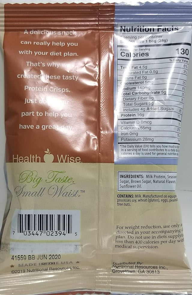 Health Wise Salted Caramel Protein Crisp - 5 Grams of Carbs- 16 Grams of Protein - 130 Calories - Weight Loss - Hunger Suppressant - Diet Protein Snack - 7 Bag Pack